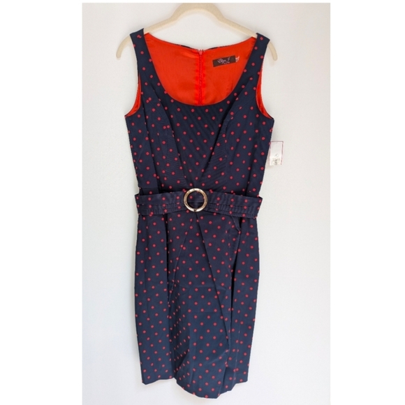 NWT Eliza J Navy Red Polka Dot Belted Sleeveless Sheath Midi Dress Size 6 - Picture 1 of 12